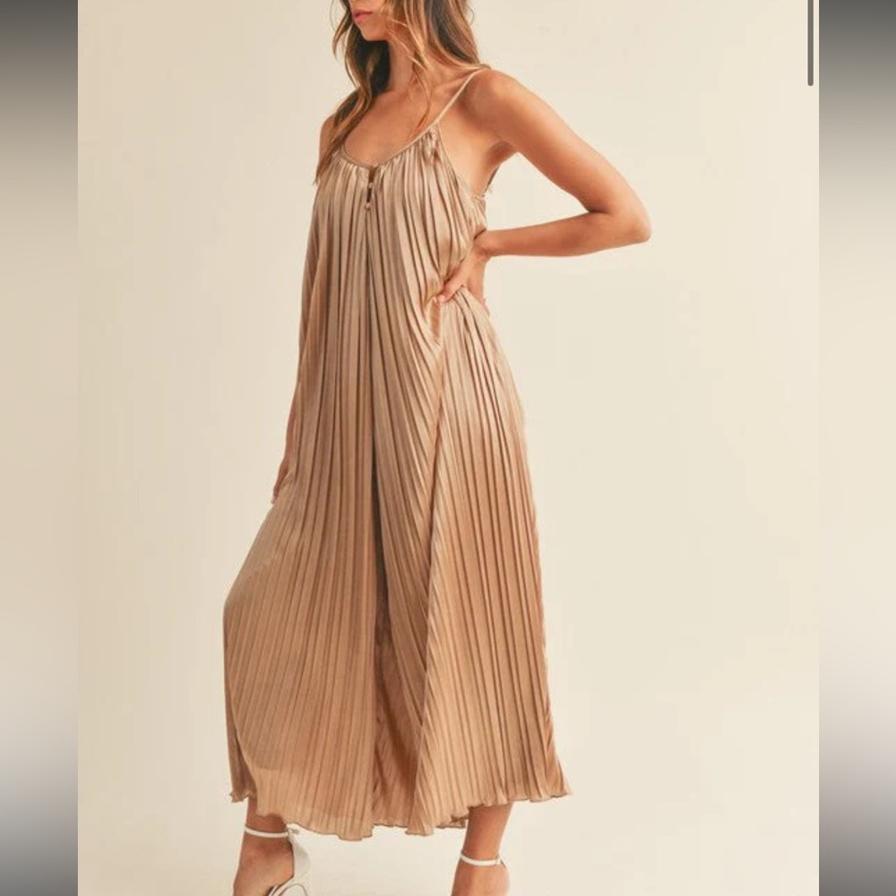 Satin Pleated Mocha Maxi Jumpsuit
